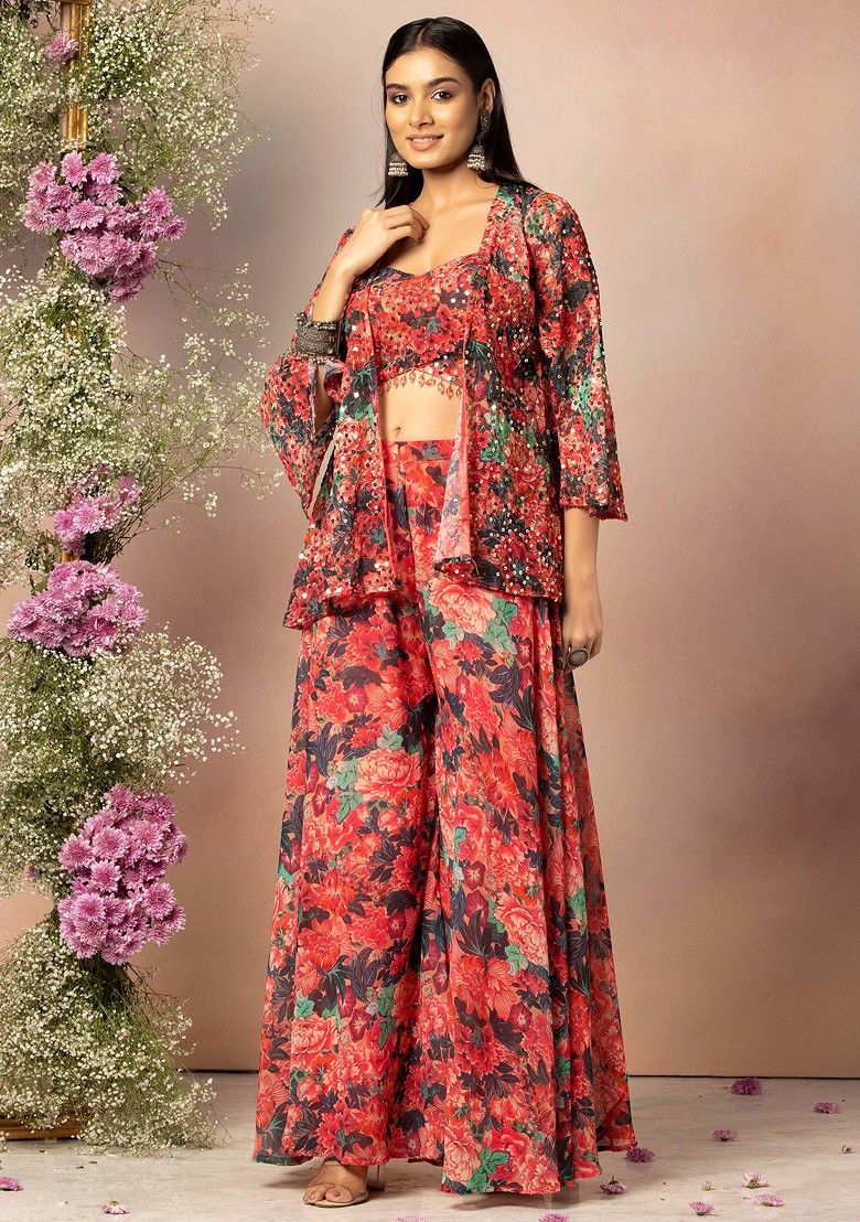 Pink Floral Print Sharara Set With Embroidered Blouse And Jacket