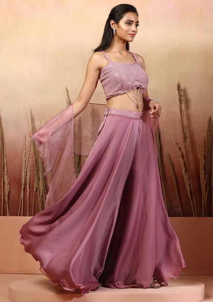 Pink Sharara Set With Sequin Embellished Blouse And Ruffled Dupatta