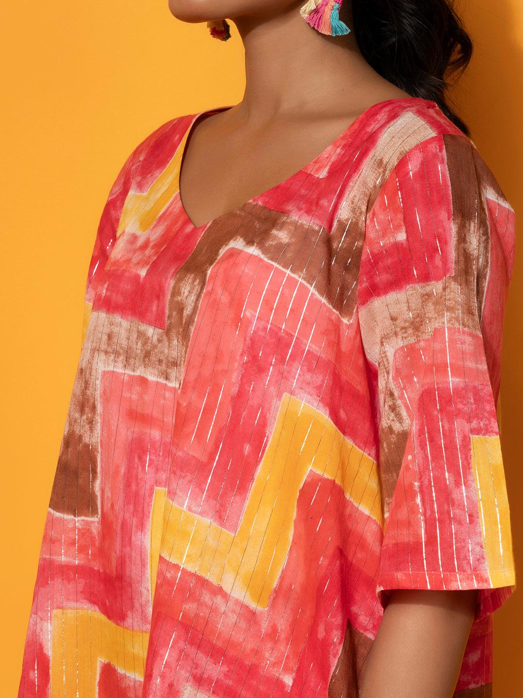 Coral Printed Silk Blend Tunic With Palazzos