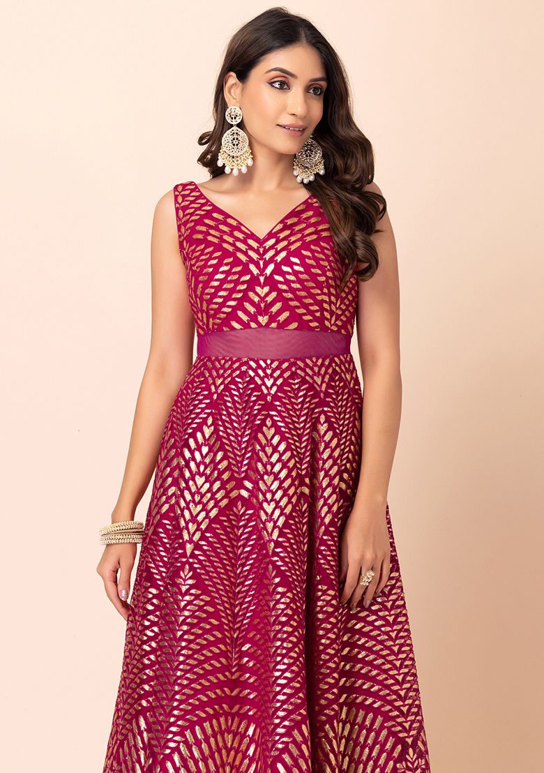 Fuchsia Pink Foil And Thread Embroidered Anarkali Gown