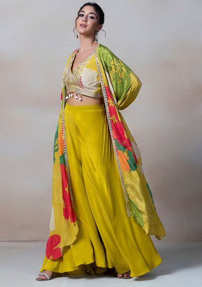 Yellow Floral Print Sharara Set With Sequin Embellished Blouse And Printed Jacket