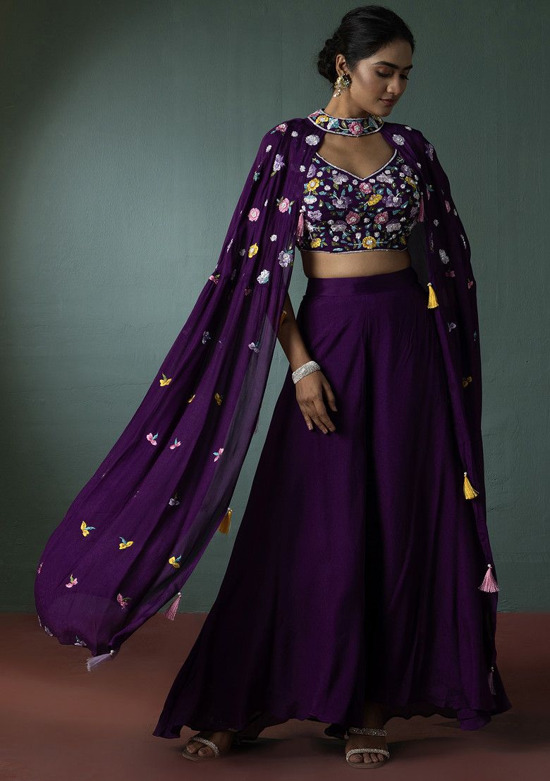 Purple Sharara Set With Floral Sequin Embellished Blouse And Jacket