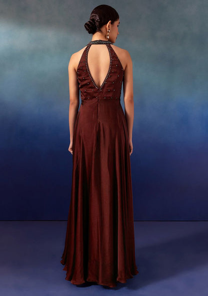 Deep Maroon Sequin Hand Embroidered Satin Gown