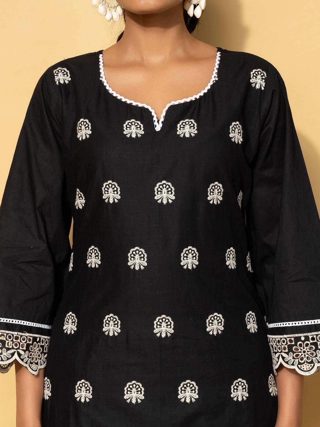 Black Embroidered Cotton Co-Ords