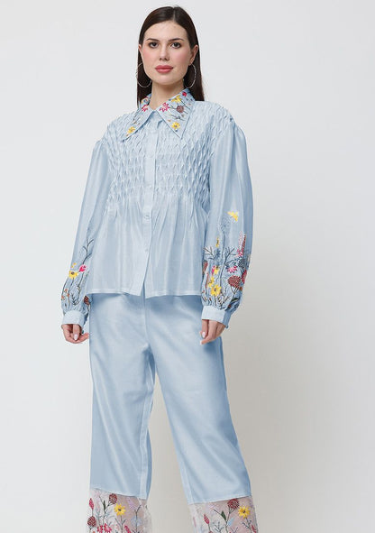 Light Blue Floral Escape Embroidered Chanderi Shirt Set