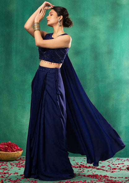 HAND EMBROIDERED Navy Blue Satin Pre-Stitched Saree Set With Abstract Sequin Embellished Blouse