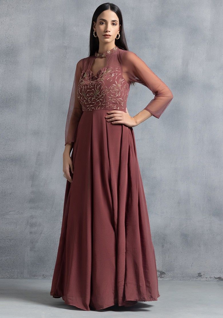 Dusty Pink Hand Embroidered Halter Neck Gown