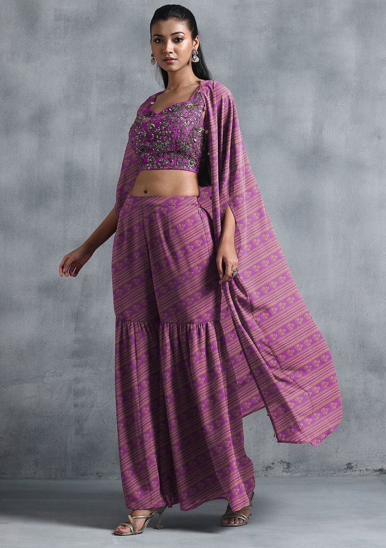 Deep Purple Jacket Set With Sequin Hand Embroidered Blouse And Sharara