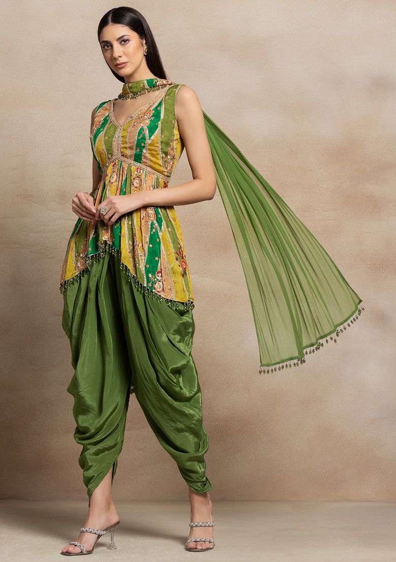 Green Zari Sequin Embellished Short Kurta Set With Dhoti Pants And Dupatta