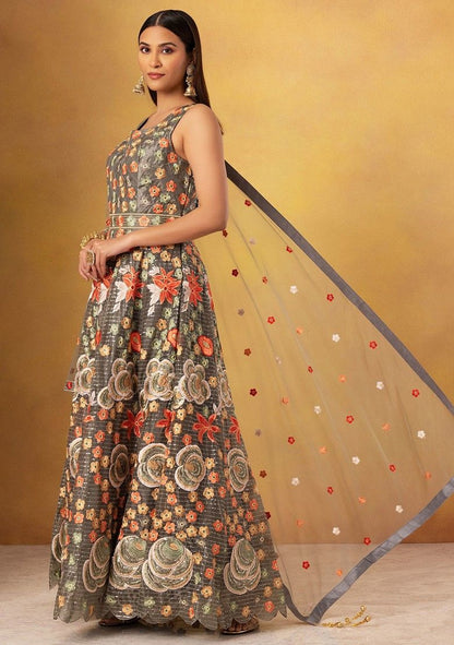 Grey Floral Thread Embroidered Organza Anarkali Gown With Dupatta