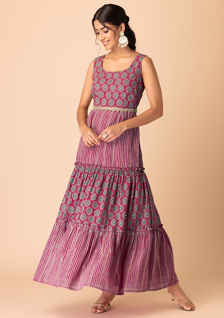 Dark Pink Ajrakh Print Tiered Maxi Dress With Dori Belt (Set of 2)