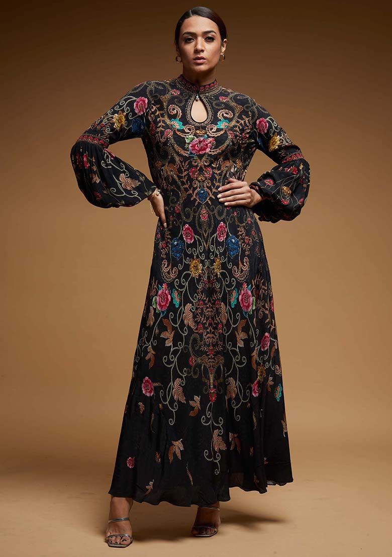 Black Printed Rhinestones Work Bemberg Crepe Gown