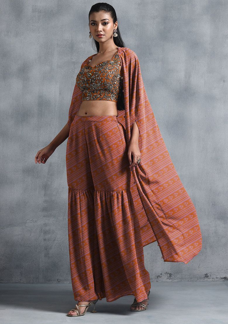 Orange Jacket Set With Sequin Hand Embroidered Blouse And Sharara