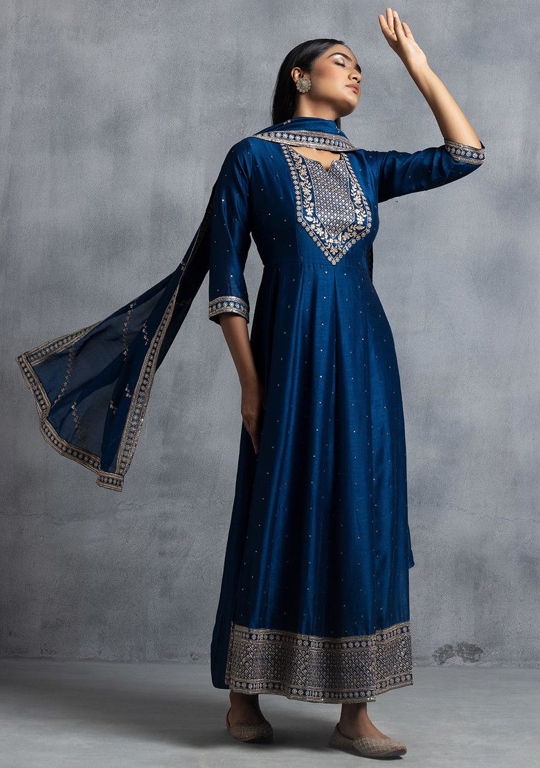 Blue Zari Embroidered Anarkali Kurta With Embroidered Dupatta