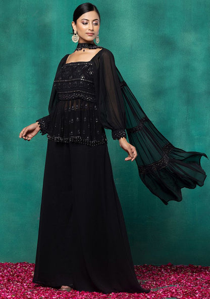 Black Floral Sequin Embroidered Short Kurta Set With Palazzo And Dupatta