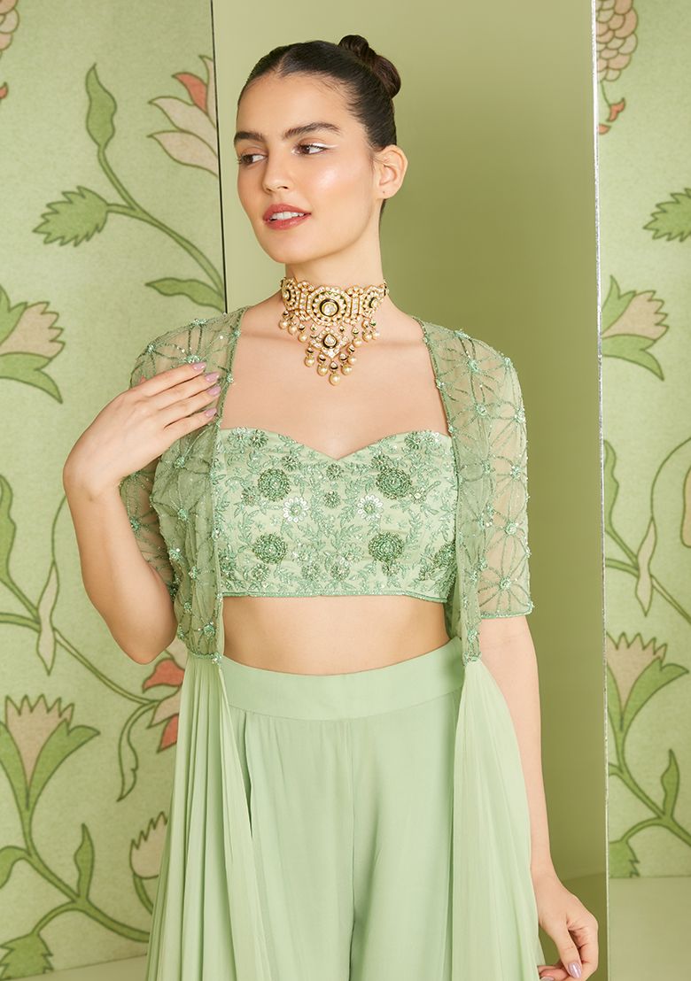 SANJEV MARWAAHA Sage Green 3D Embroidered Jacket Set