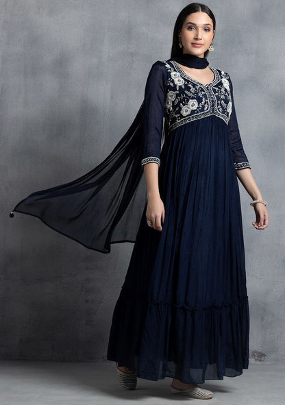 Navy Blue Floral Hand Embroidered Anarkali Kurta With Dupatta