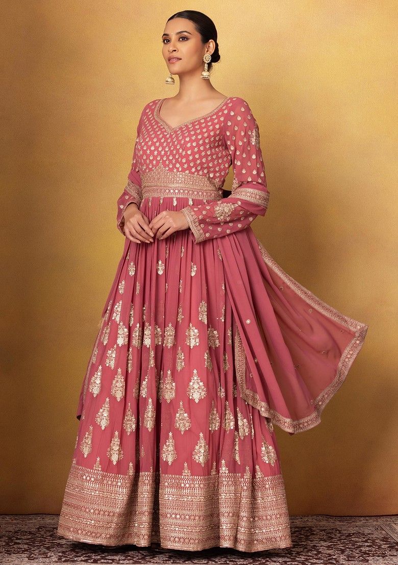 Pink Floral Sequin Embellished Anarkali Gown With Dupatta