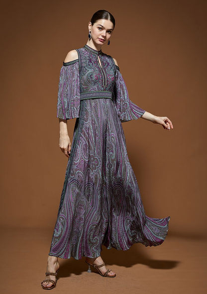 Purple Rhinestones Embroidered Bemberg Crepe Gown