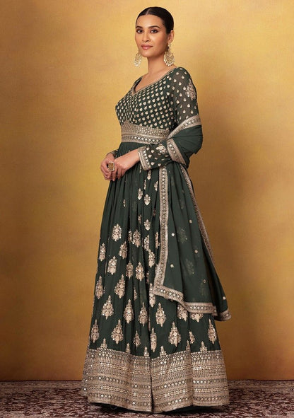 Deep Green Sequin Embellished Anarkali Gown With Dupatta