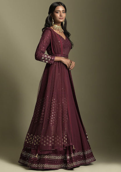 Maroon Resham Embroidered Georgette Anarkali Set