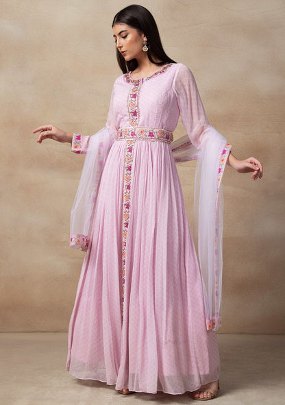 Pink Bead Embellished Anarkali Gown With Embellished Belt And Mesh Dupatta