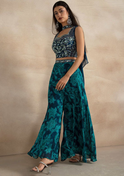 Blue And Green Floral Print Sharara Set With Mirror Embellished Blouse And Dupatta