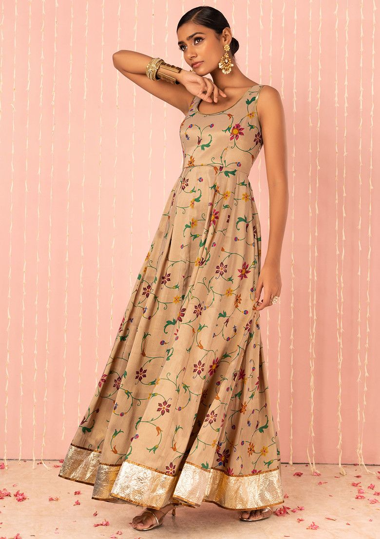 Gold Floral Print Maxi Anarkali Kurta