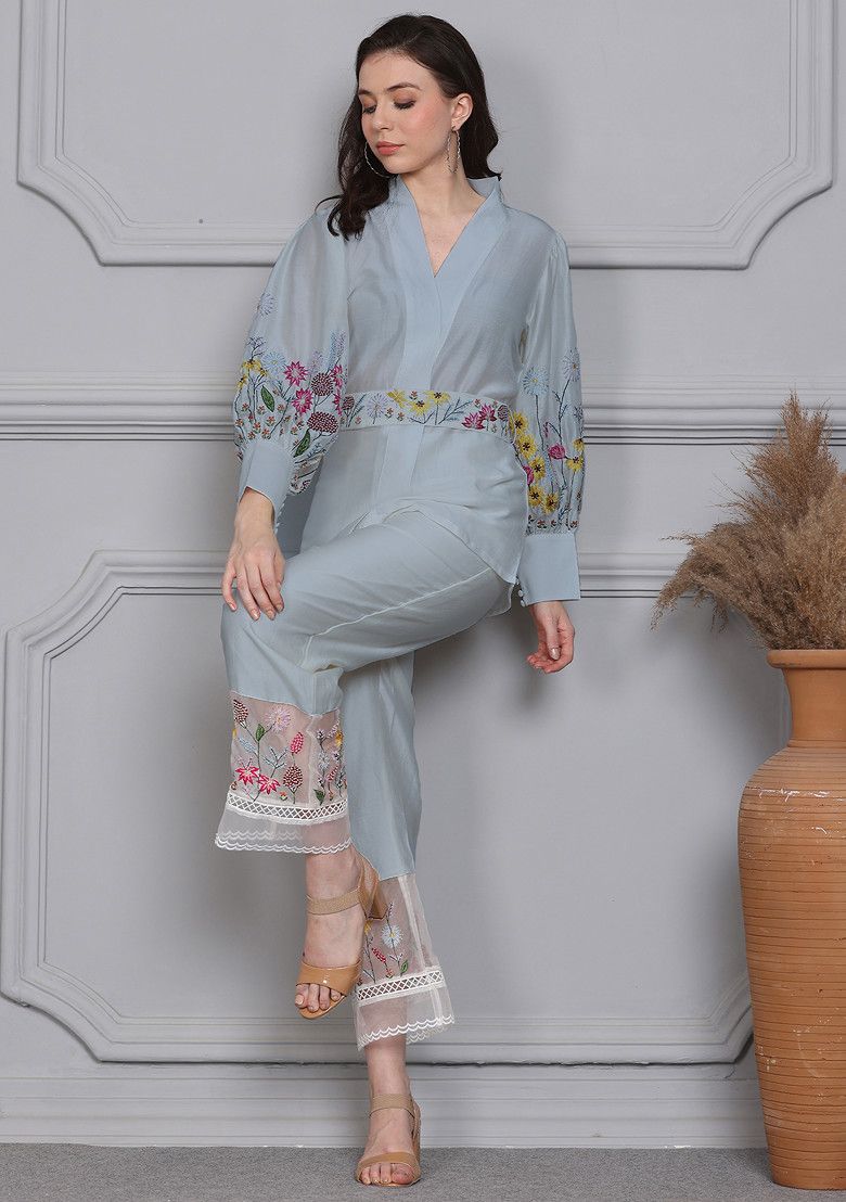 Light Blue Floral Escape Embroidered Chanderi Wrap Top And Pants Set