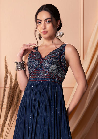 Navy Blue Thread Embroidered Tiered Anarkali Gown