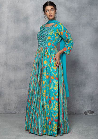 Turquoise Blue Embellished Anarkali Kurta With Chiffon Dupatta