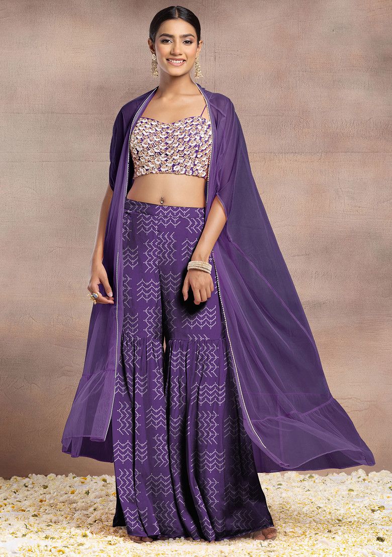 Purple Sharara Set With Pearl Sequin Hand Embroidered Blouse And Mesh Jacket