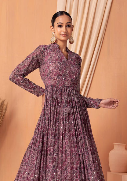 Dull Pink Abstract Print Mirror Embroidered Anarkali Gown With Belt