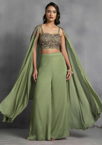 Lime Green Sequin Embroidered Cape Set With Hand Embroidered Blouse And Pants