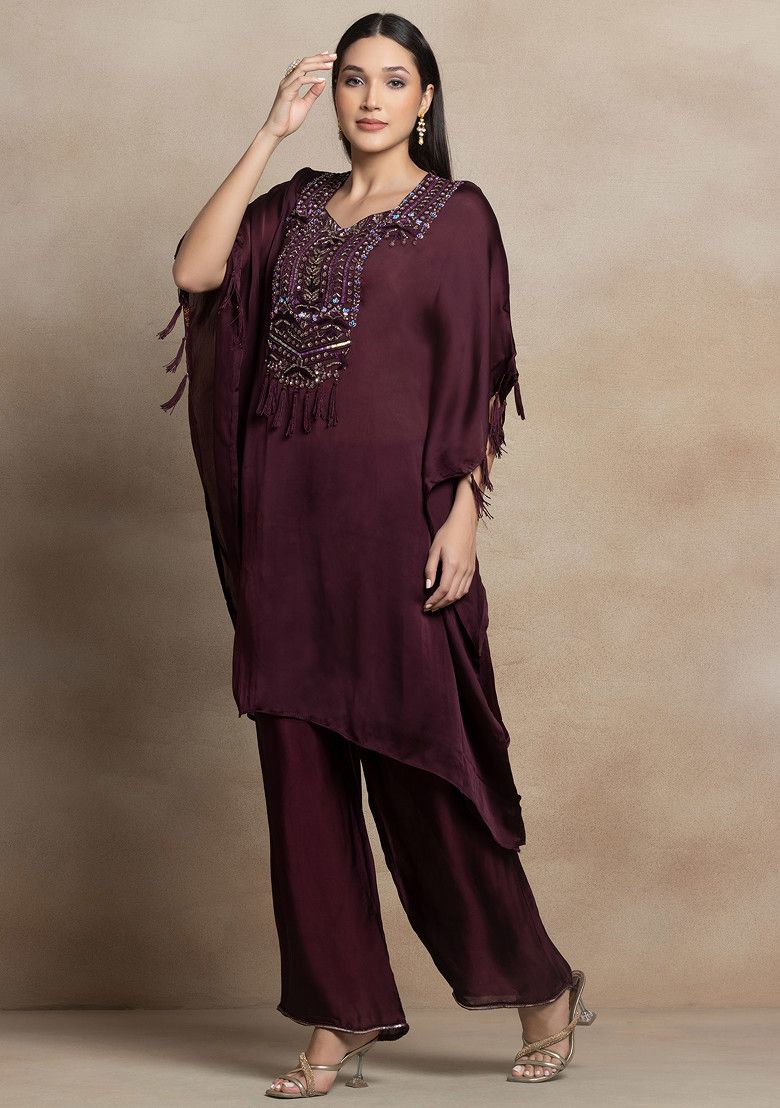 Deep Maroon Sequin Bead Embroidered Kaftan Kurta Set With Embroidered Pants