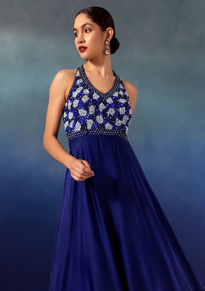 Navy Blue Sequin Hand Embroidered Satin Gown