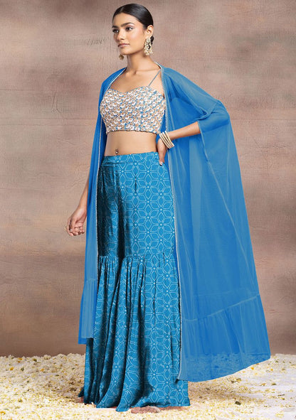 Blue Sharara Set With Pearl Sequin Hand Embroidered Blouse And Mesh Jacket