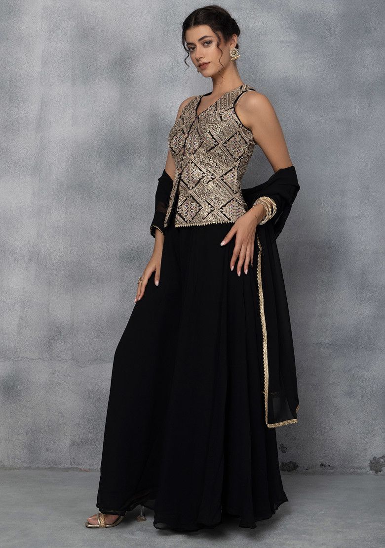 Black Sharara Set With Zari Embroidered Blouse And Dupatta