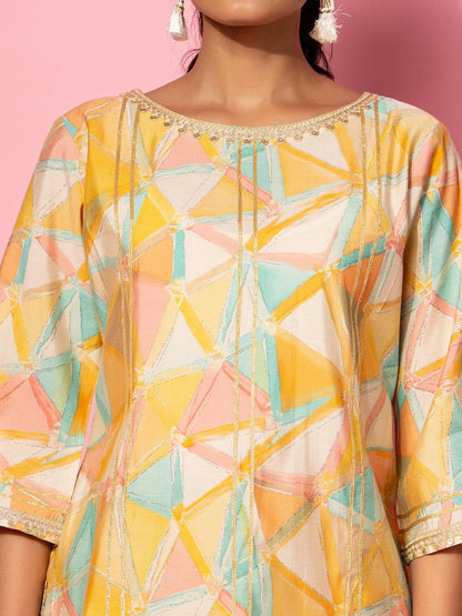 Yellow Printed Silk Blend Co-Ords