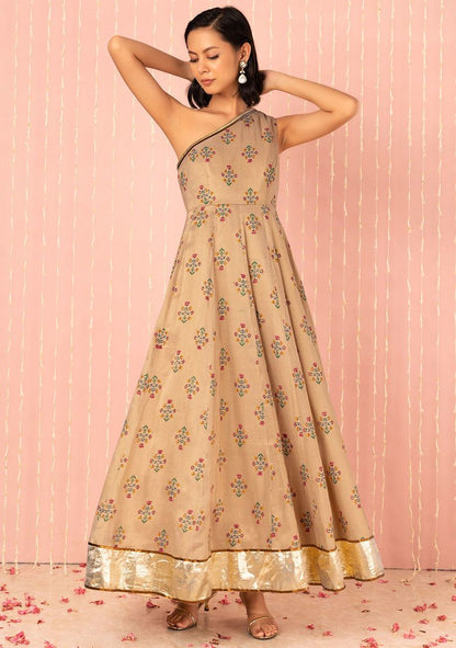 Gold Floral Print One Shoulder Anarkali Kurta