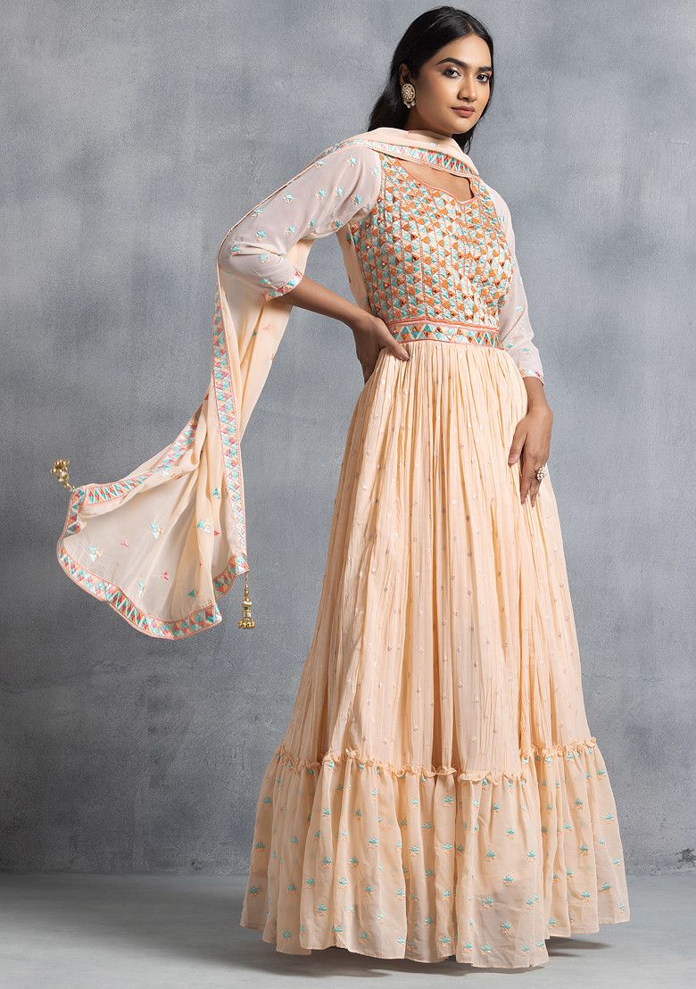 Peach Multicolour Geometric Embroidered Anarkali Kurta With Dupatta