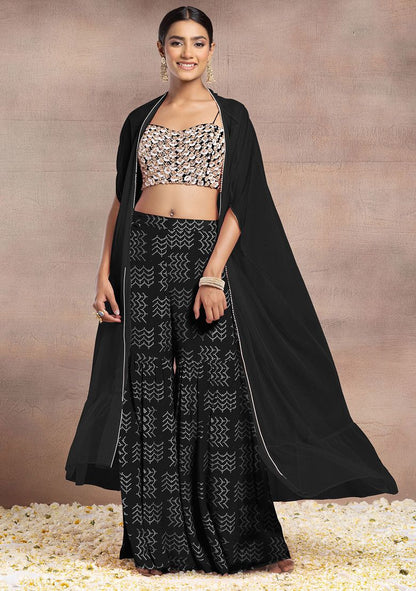 Black Sharara Set With Pearl Sequin Hand Embroidered Blouse And Mesh Jacket