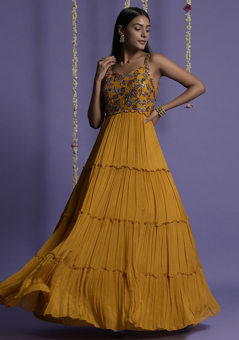 Yellow Multicolor Sequin Embroidered Gown