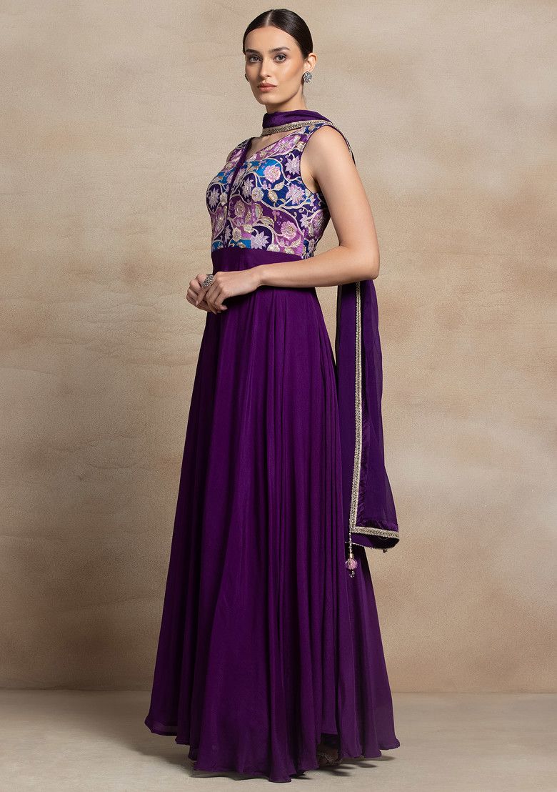 Purple Floral Sequin Embellished Anarkali With Dupatta