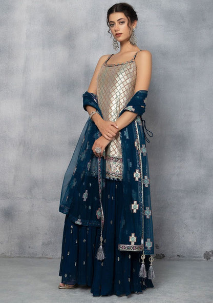 Teal Blue Sharara Set With Sequin Embellished Kurta And Mesh Dupatta