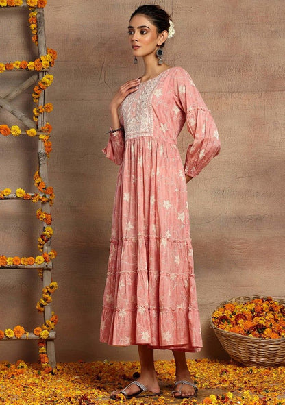 Orange Floral Print Cotton Maxi Dress