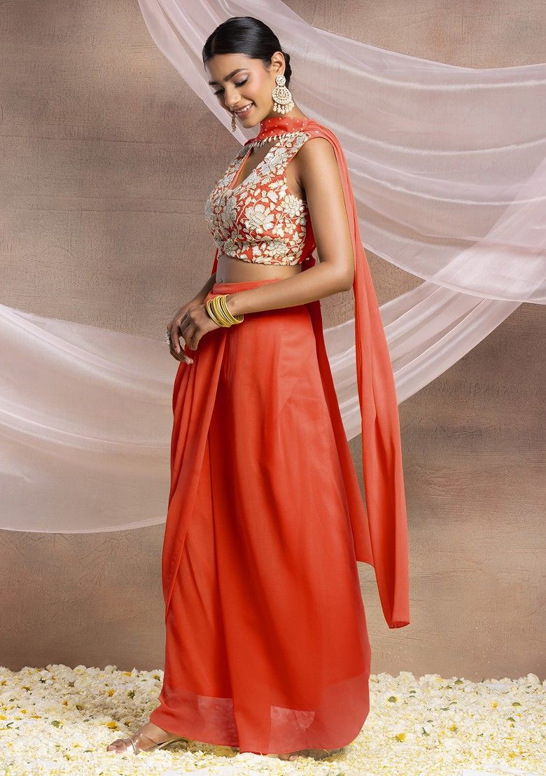 Orange Draped Lehenga Set With Floral Sequin Hand Embroidered Blouse And Choker Dupatta