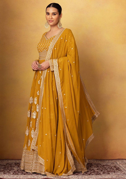 Mustard Floral Sequin Embellished Anarkali Gown With Dupatta