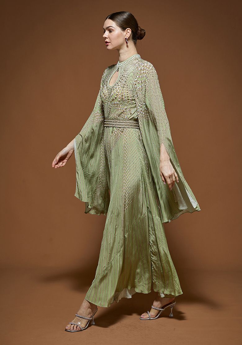 Pale Green Rhinestones Embroidered Bemberg Crepe Gown