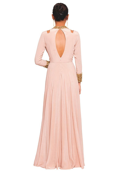 SALT AND SPRING Blush Pink Nalki Embroidered Gown With Shoulder Cut Out